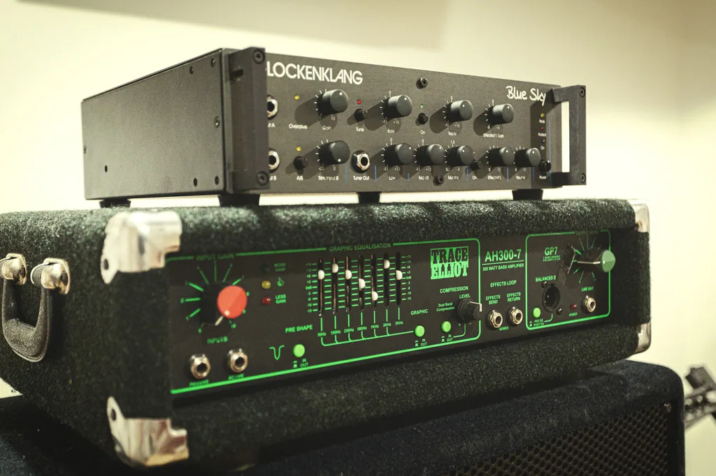 Professional audio equipment including Lockenklang amplifier and Trace Elliot bass amp at Limusic residential recording studio in Limoux, southern France