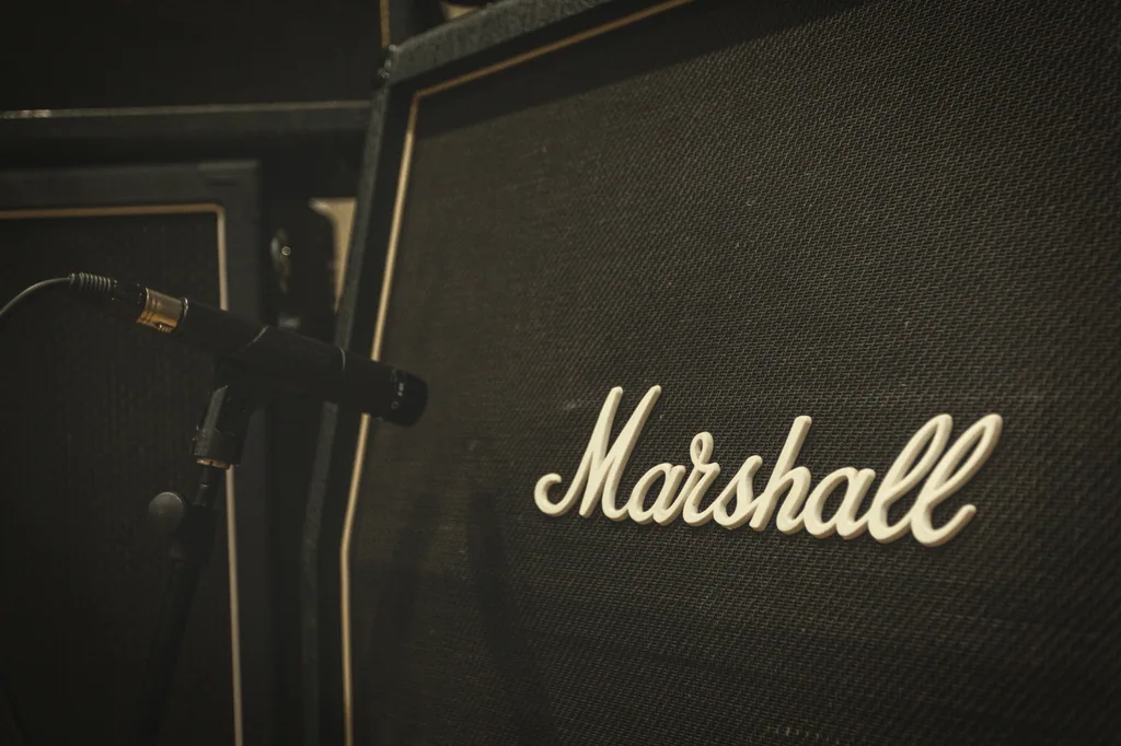 Marshall amplifier and microphone in Limusic residential recording studio live room, southern France