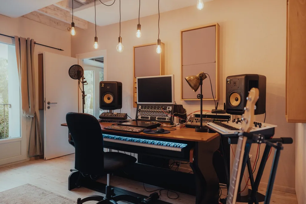 Professional recording studio workspace with keyboard, monitors, studio monitors, and microphone setup at Limusic residential recording studio in Limoux, southern France