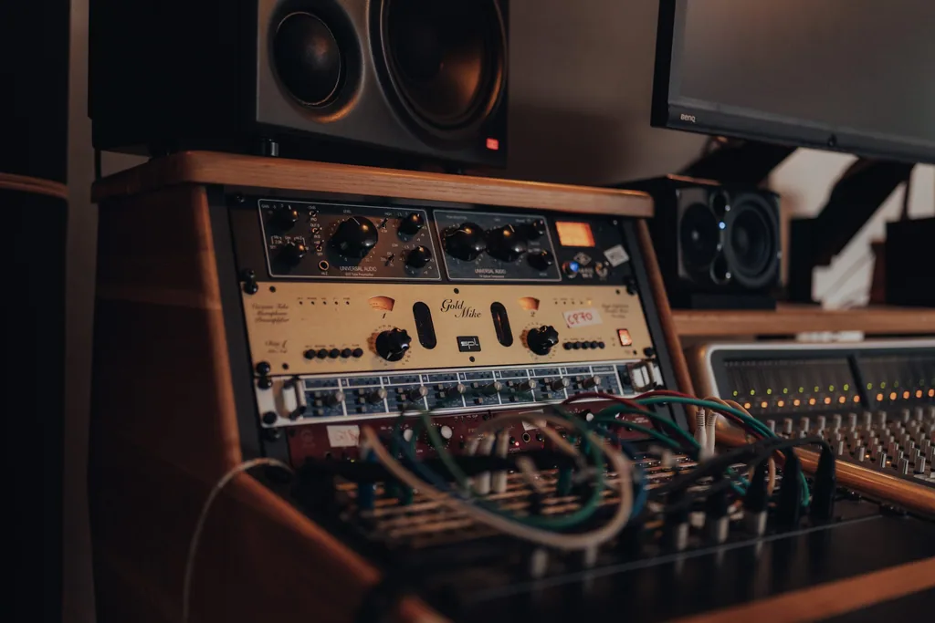 Professional recording studio equipment including vintage microphone preamps, mixing console, and monitor speakers at Limusic residential recording studio in southern France