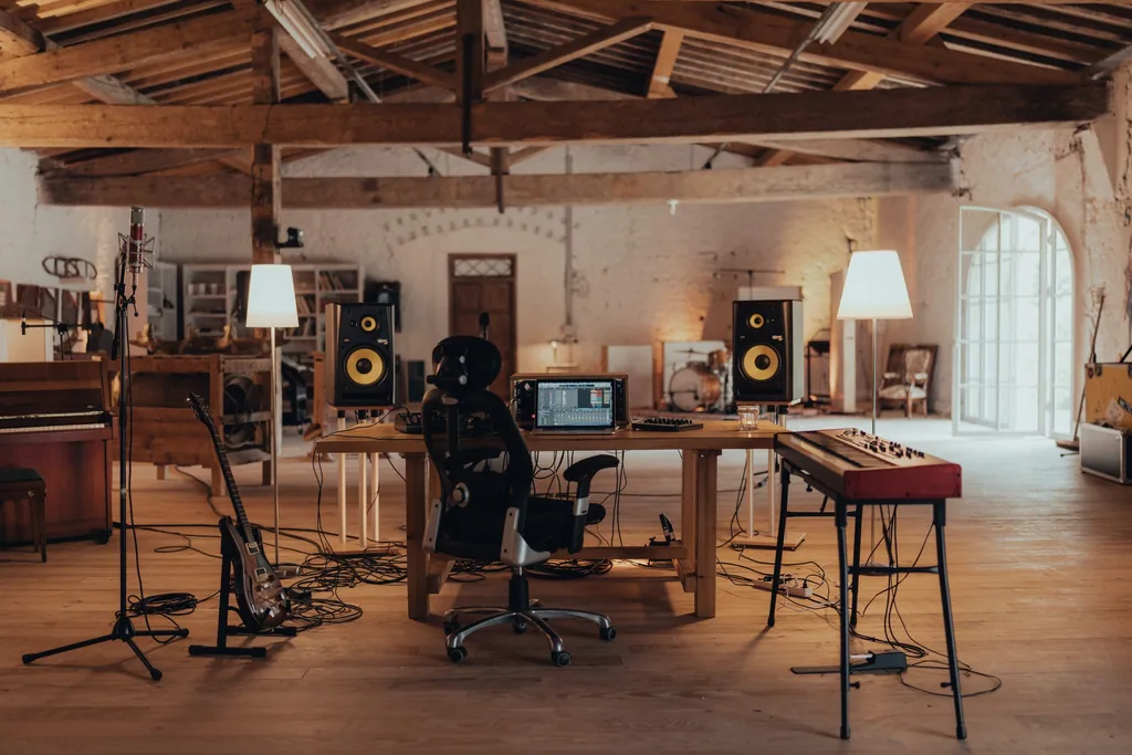Producer working at mixing desk in spacious live room at Limusic residential recording studio in Limoux, southern France, with exposed beams and professional equipment