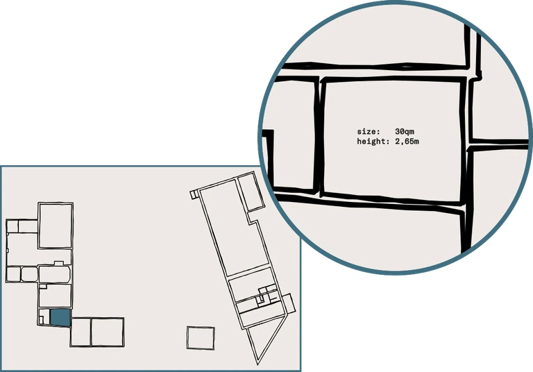 Studio A floor plan at Limusic residential recording studio in Limoux, showing 30sqm space with 2.65m height for professional recording sessions