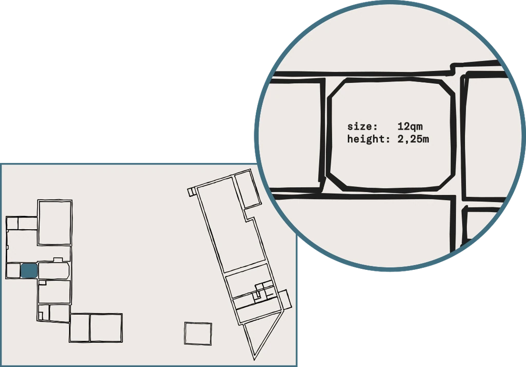 Limusic recording studio floor plan showing 12 square meter live room with 2.25m height and apartment layout at Domaine de Bourigeols