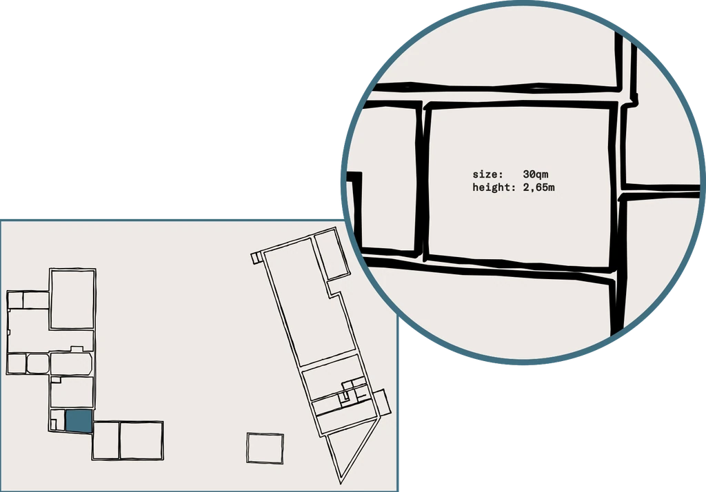 Architectural floor plan and layout detail of Limusic residential recording studio in Limoux, showing 30sqm space with 2.65m height for recording sessions
