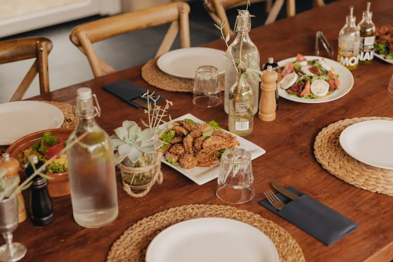 Freshly prepared regional meal served at Limusic residential recording studio in Limoux, southern France, featuring quality ingredients and elegant table setting