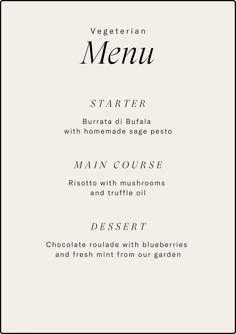 Vegetarian menu at Limusic Residential Recording Studio featuring burrata, risotto, and chocolate dessert with fresh regional ingredients