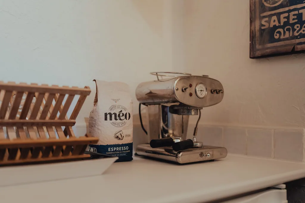 Vintage espresso machine and coffee setup in a residential recording studio break room in Limoux, southern France