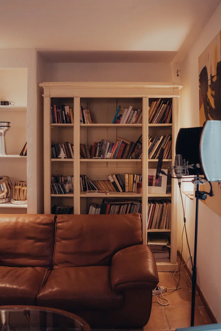 Cozy recording studio lounge with wooden shelving, leather sofa, and professional microphone setup for songwriting sessions