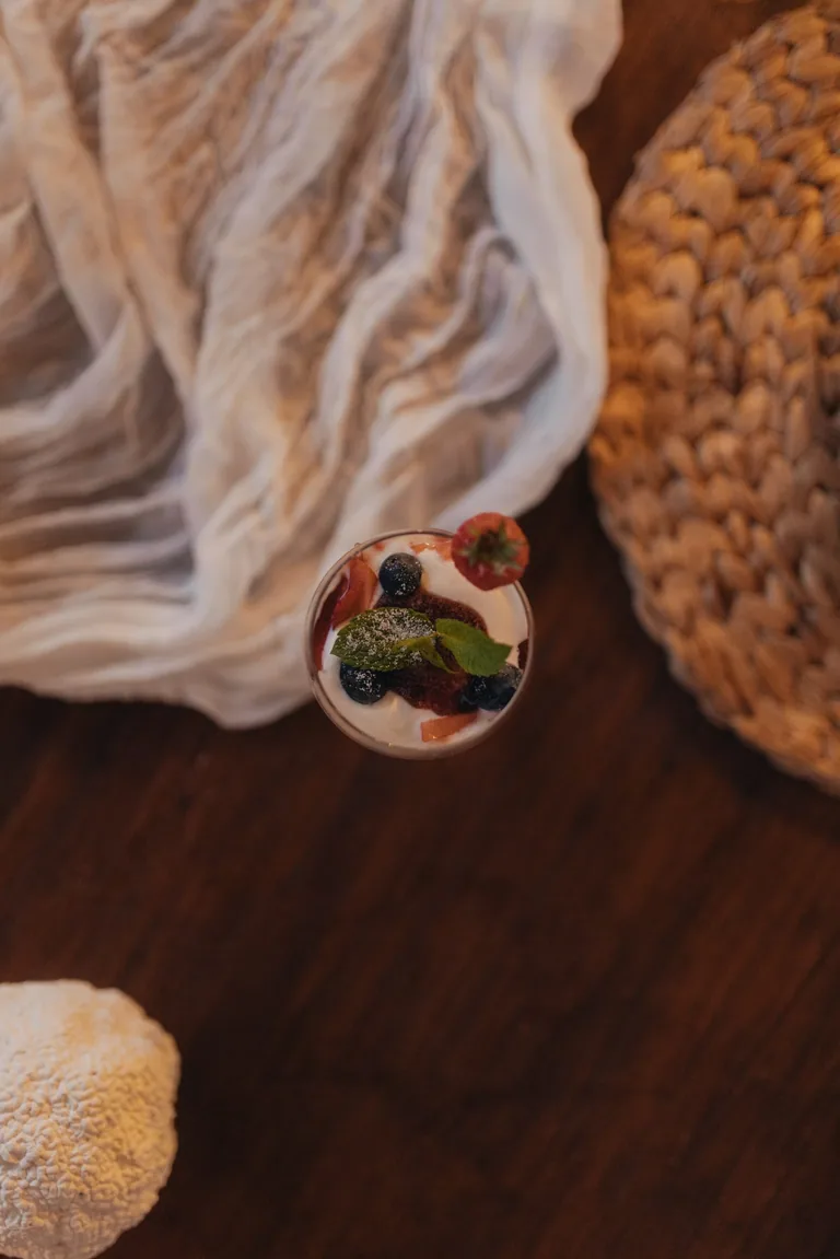 Gourmet dessert with berries and mint at Limusic residential recording studio's all-inclusive catering in Limoux, southern France