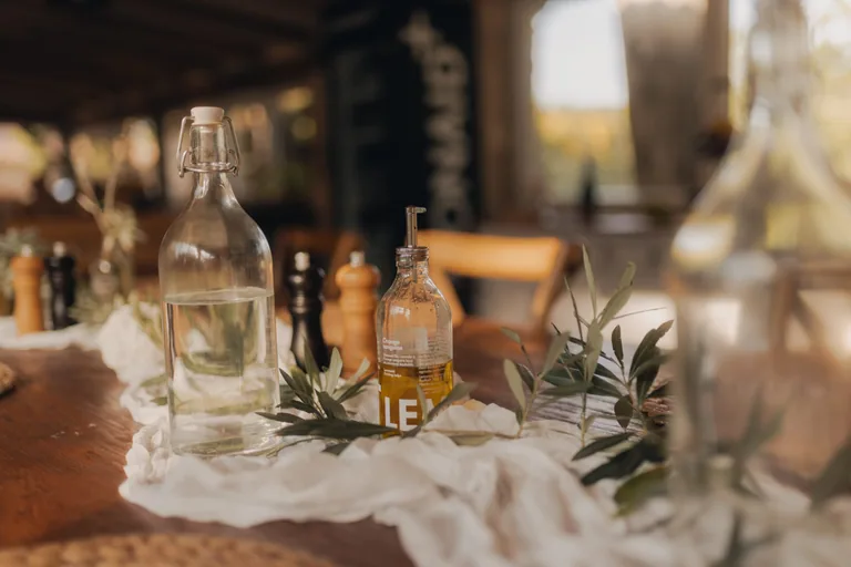 Refreshments and amenities on dining table at Limusic residential recording studio in Limoux, southern France