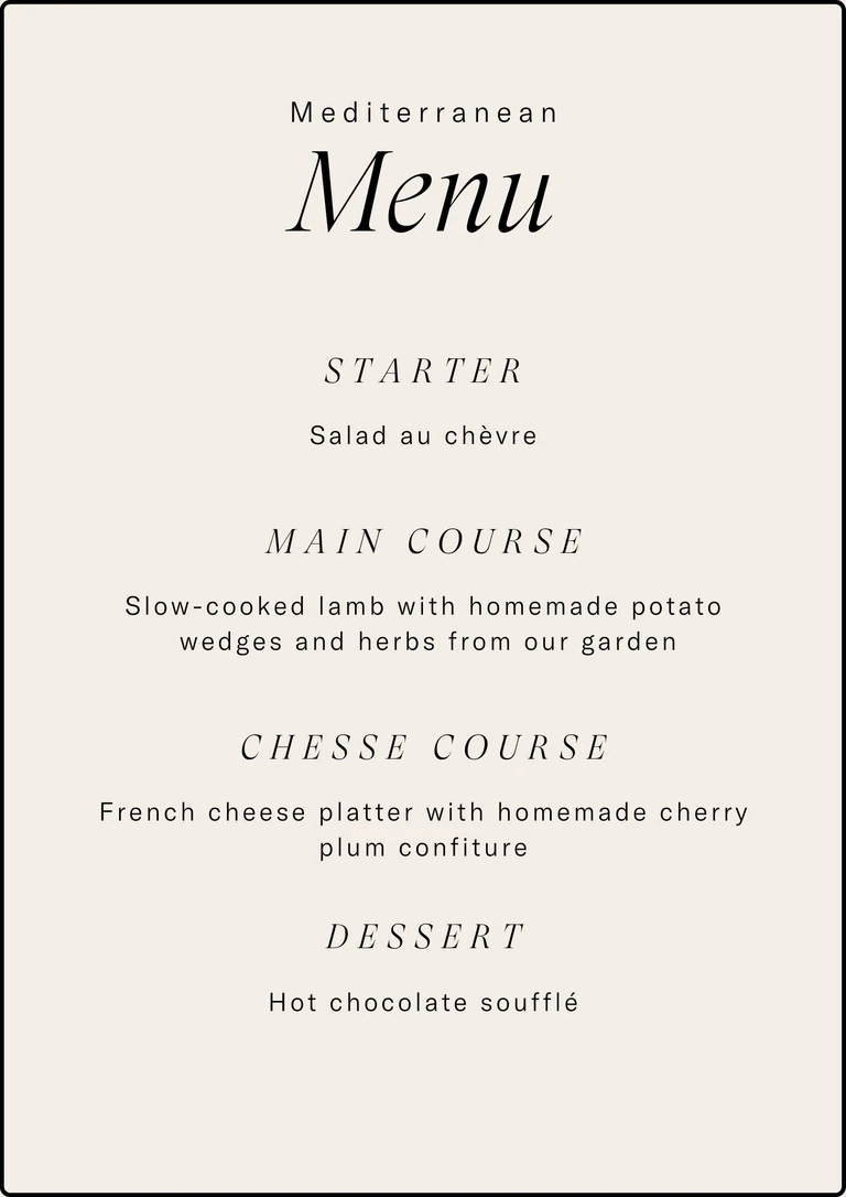 Mediterranean menu at Limusic Residential Recording Studio featuring salad, lamb, cheese, and chocolate soufflé with regional ingredients from southern France