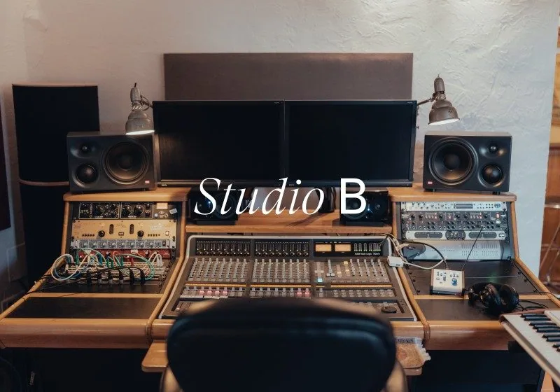 Studio B control room at Limusic residential recording studio in Limoux, France, featuring mixing console, monitors, and professional recording equipment